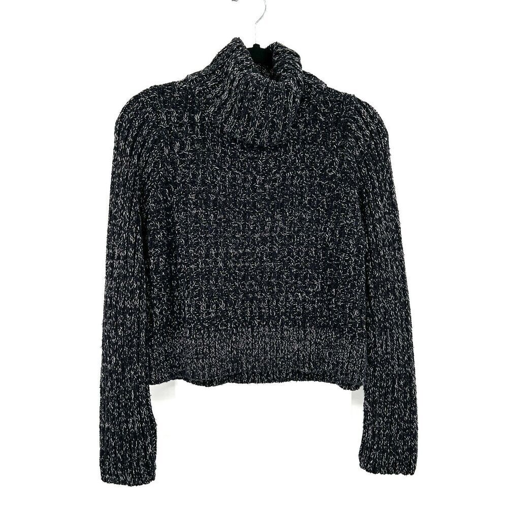 FREE PEOPLE Black White Marled Cable Knit Cropped Turtleneck Sweater Size Large - Picture 3 of 9